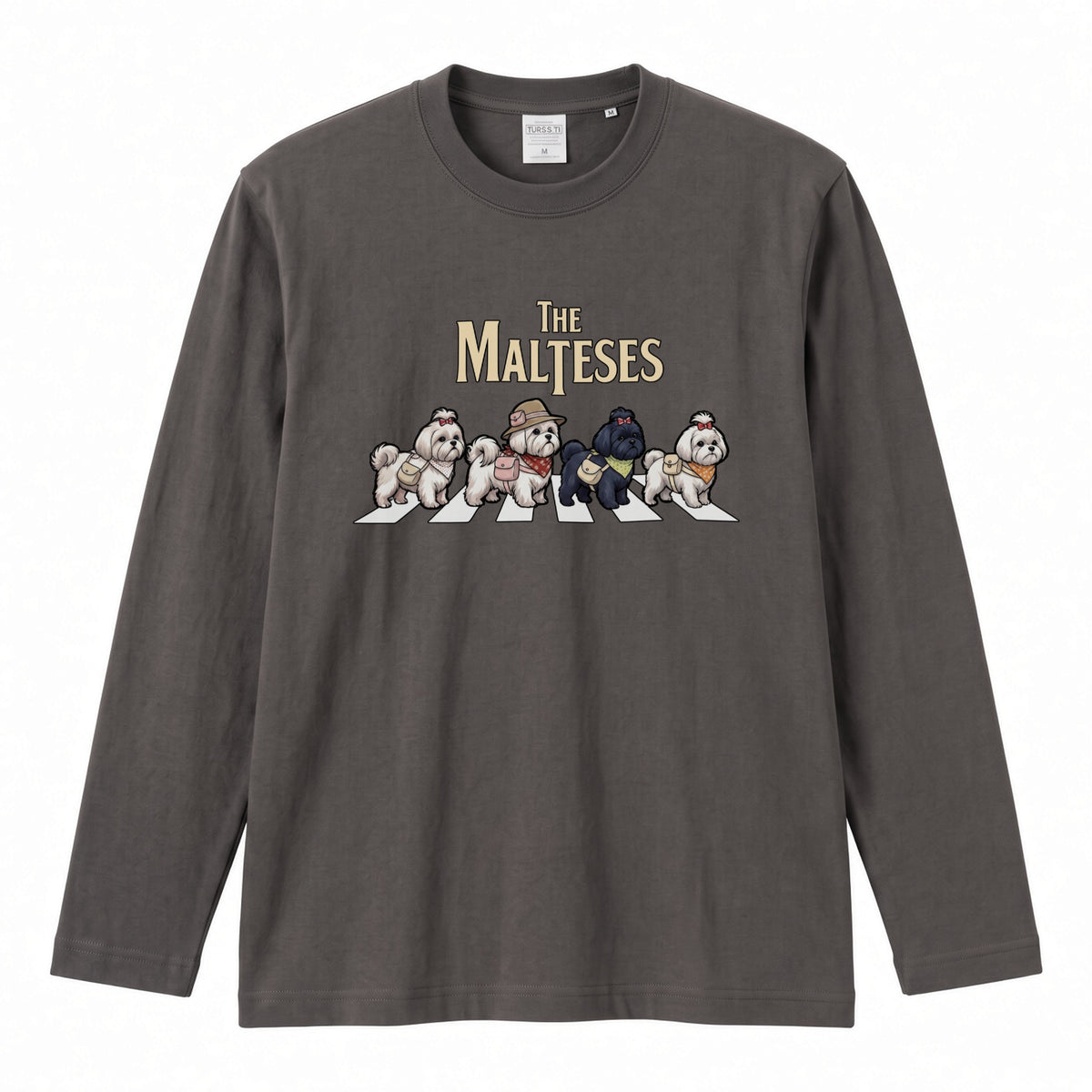THE MALTESES マルチーズ散歩デザイン ブラック長袖Tシャツ