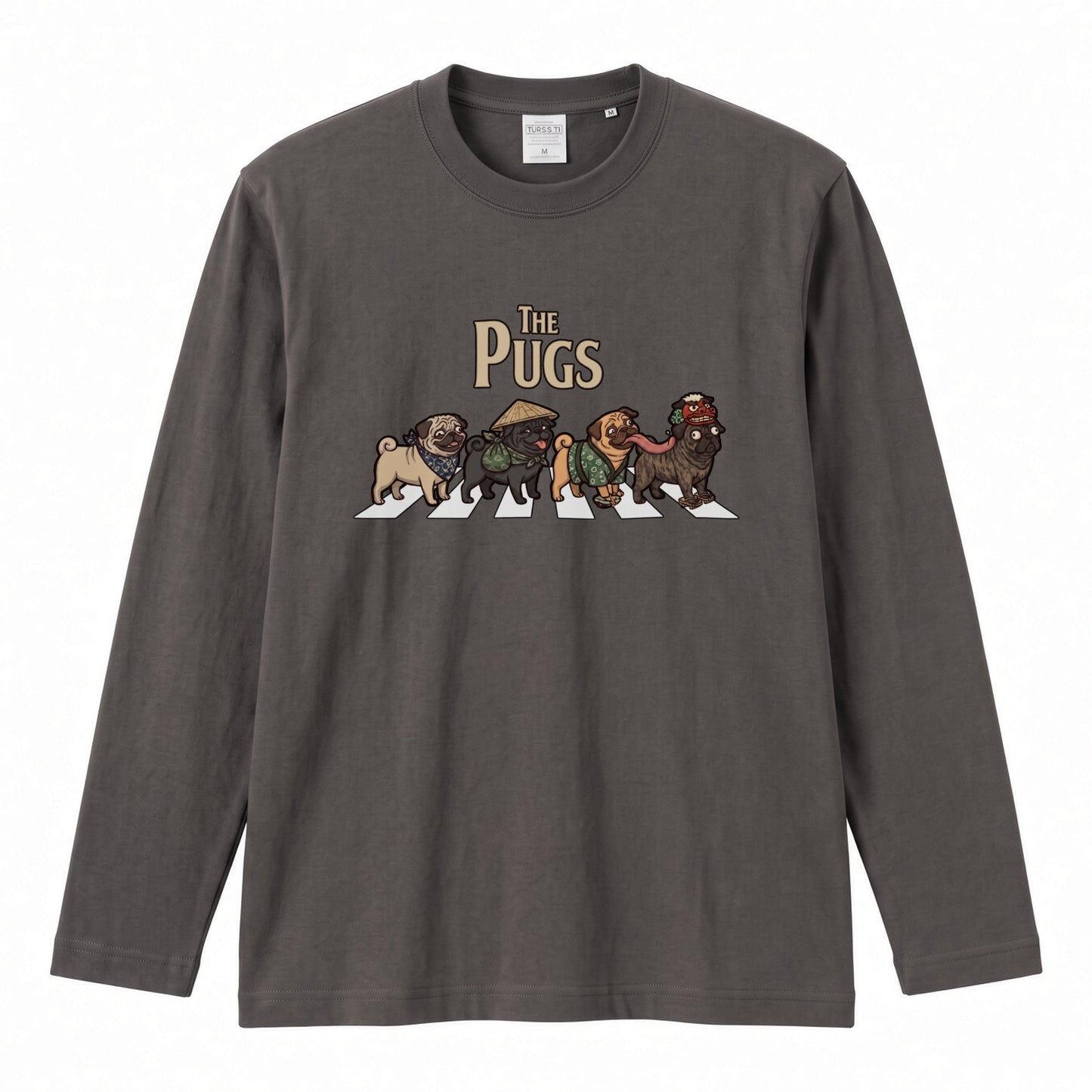 THE PUGS パグ散歩デザイン ブラック長袖Tシャツ
