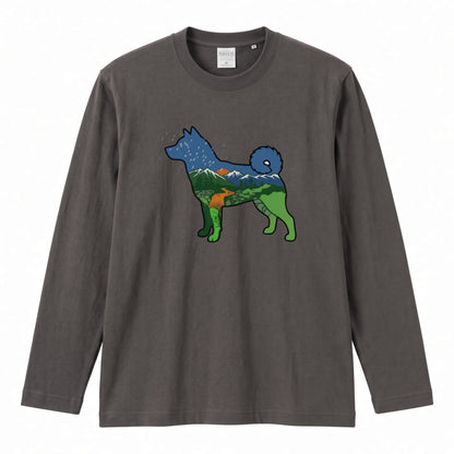 NATURE DOG ロンT | 日本犬シルエット 山と森 アートグラフィック 長袖 カジュアル Tシャツ【ドッグウェア・普段着・ルームウェア・ユニセックス・ギフトに最適】