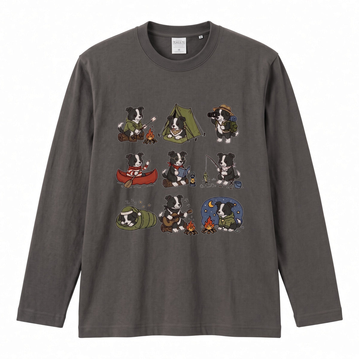 BORDER COLLIE CAMP | 手描き風 ボーダーコリー キャンプギア かわいい グラフィック 長袖Tシャツ【犬雑貨・秋キャンプ・ルームウェア・ギフトに最適】