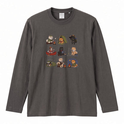 POMERANIAN CAMP | 手描き風 ポメラニアン キャンプギア かわいい グラフィック 長袖Tシャツ【犬雑貨・秋キャンプ・ルームウェア・ギフトに最適】