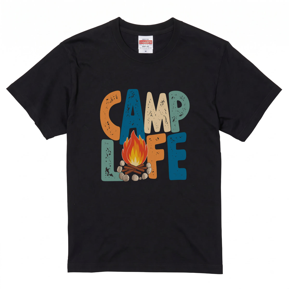 レトロ 「CAMP LIFE」 キャンプ Tシャツ - ヴィンテージ風 70年代 焚き火 グラフィックTシャツ アウトドア 服