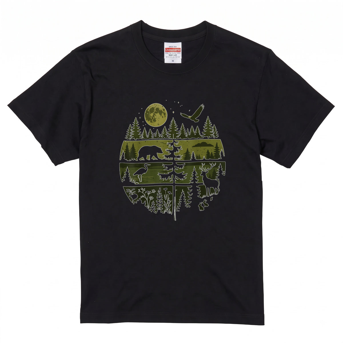 【Wildlife Forest Animals】月夜の森と野生動物 アート層グラフィック 白Tシャツ | CAMPMODE