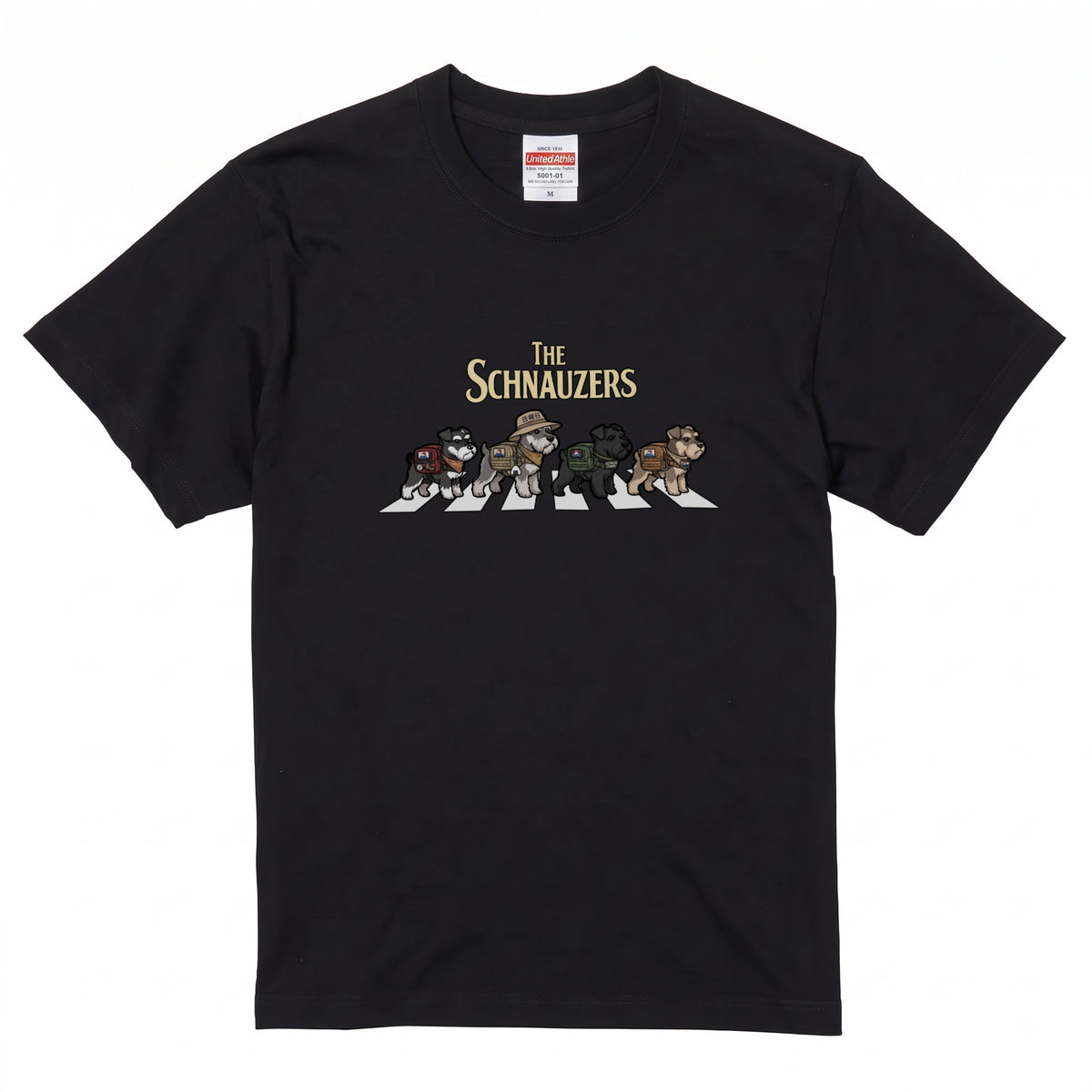 THE SCHNAUZERS 横断歩道 キャンプ ゆるかわ パロディTシャツ 【犬好き・愛犬家・アウトドア・ギフトに最適】