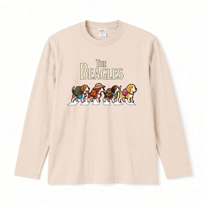 THE BEAGLES ビーグル犬散歩デザイン ホワイト長袖Tシャツ