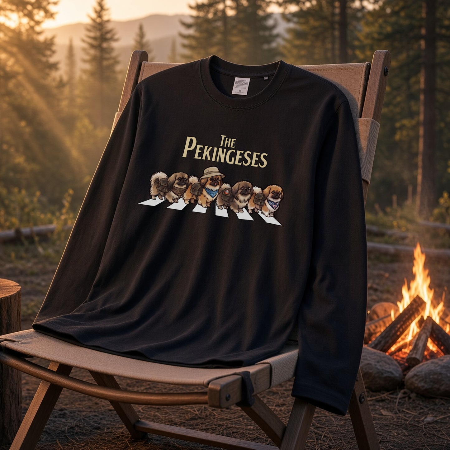 THE PEKINGESES ペキニーズ散歩デザイン ブラック長袖Tシャツ