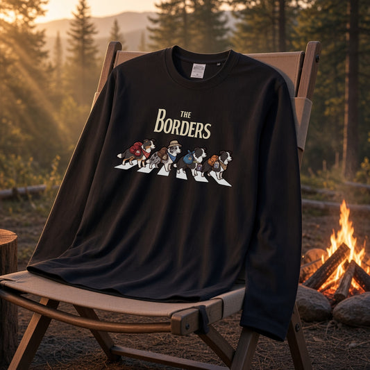 THE BORDERS ボーダーコリー散歩デザイン ブラック長袖Tシャツ