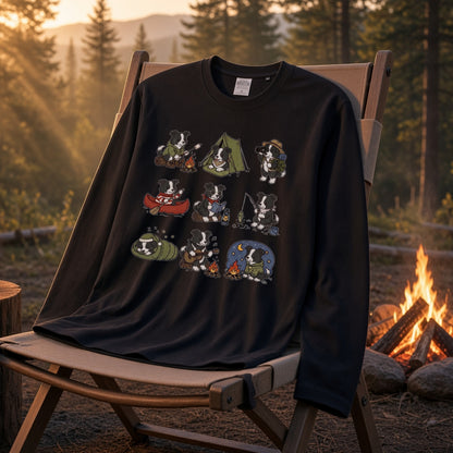BORDER COLLIE CAMP | 手描き風 ボーダーコリー キャンプギア かわいい グラフィック 長袖Tシャツ【犬雑貨・秋キャンプ・ルームウェア・ギフトに最適】