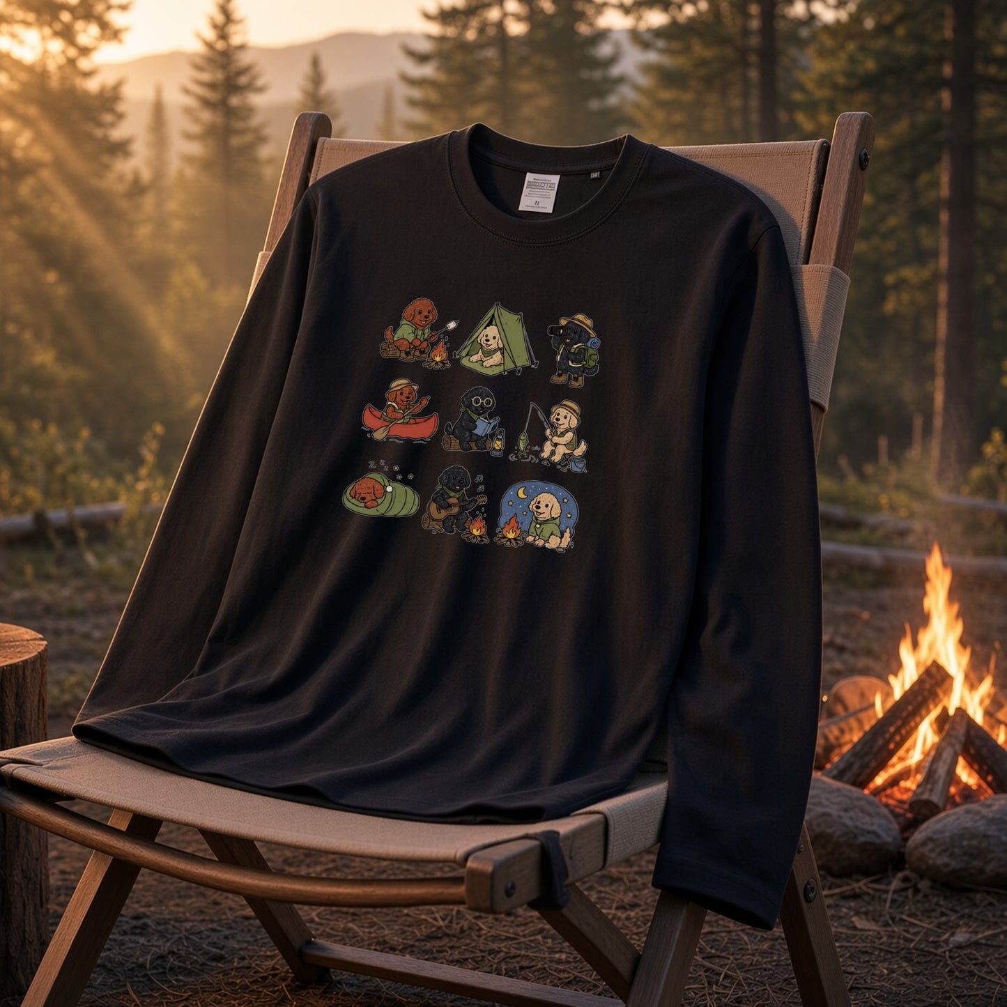 POODLE CAMP | 手描き風 トイプードル キャンプギア かわいい グラフィック 長袖Tシャツ【犬雑貨・秋キャンプ・ルームウェア・ギフトに最適】