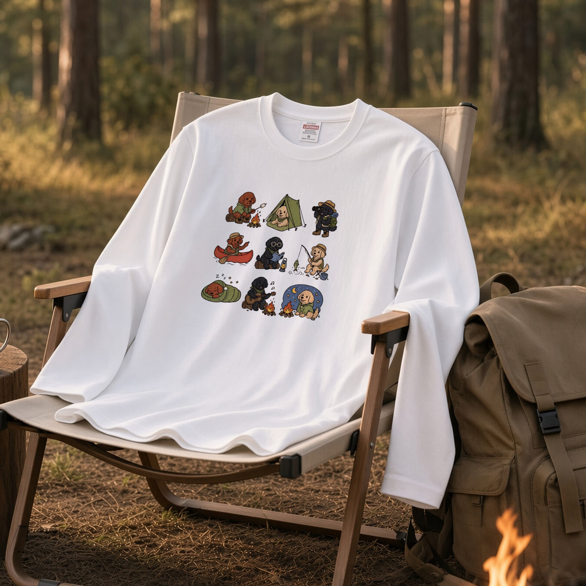 POODLE CAMP | 手描き風 トイプードル キャンプギア かわいい グラフィック 長袖Tシャツ【犬雑貨・秋キャンプ・ルームウェア・ギフトに最適】