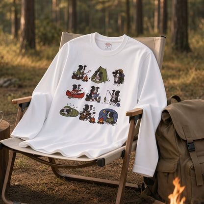 BORDER COLLIE CAMP | 手描き風 ボーダーコリー キャンプギア かわいい グラフィック 長袖Tシャツ【犬雑貨・秋キャンプ・ルームウェア・ギフトに最適】