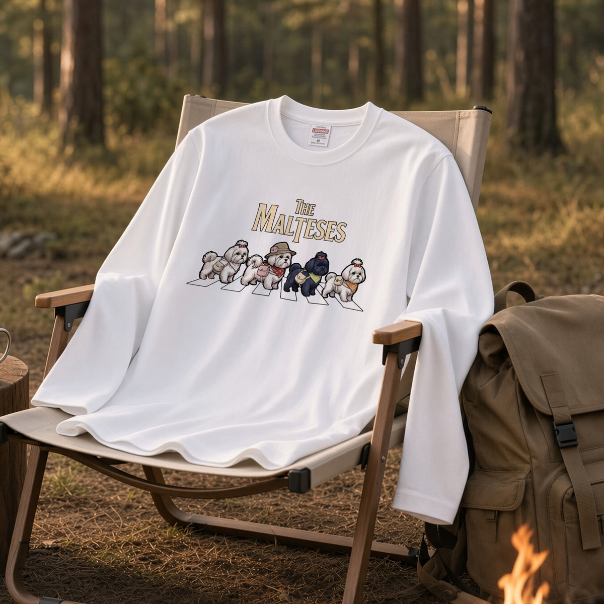 THE MALTESES マルチーズ散歩デザイン ブラック長袖Tシャツ