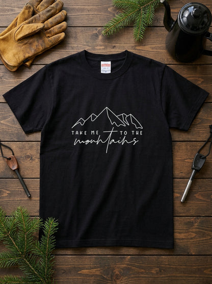 「Take me to the mountains」山 Tシャツ - ミニマル ラインアート 登山 ハイキング アウトドア キャンプ 服
