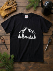 熊の親子 キャンプ Tシャツ - 山脈 森林 夜空 月空 イラスト シルエット アウトドア 登山 服