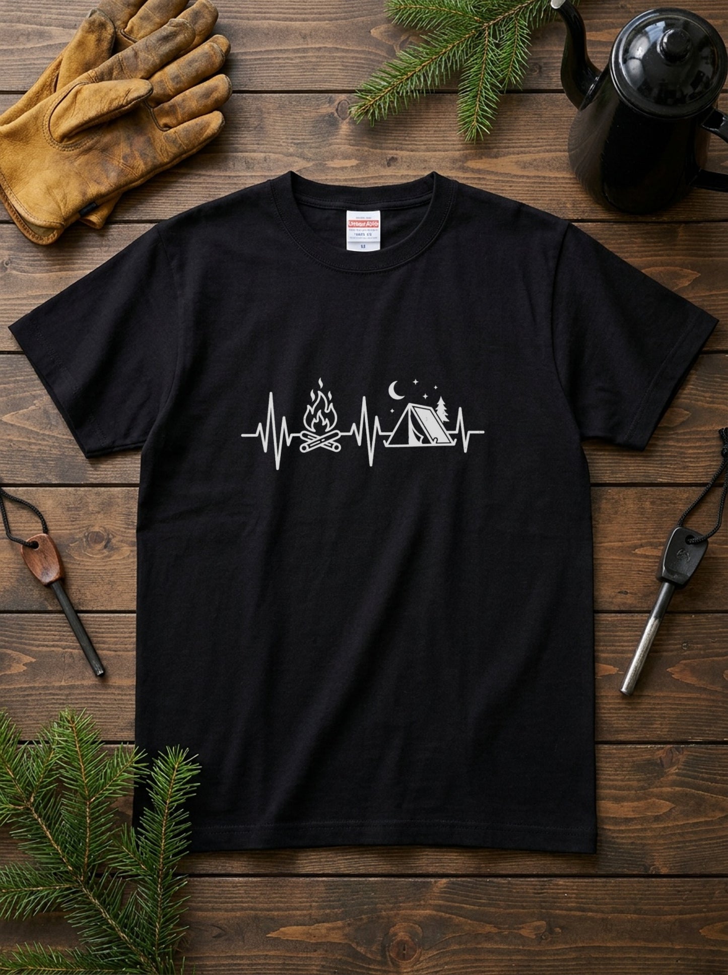 キャンプ 心拍数 Tシャツ - 焚き火 テント 脈拍 | ソロキャンプ 服