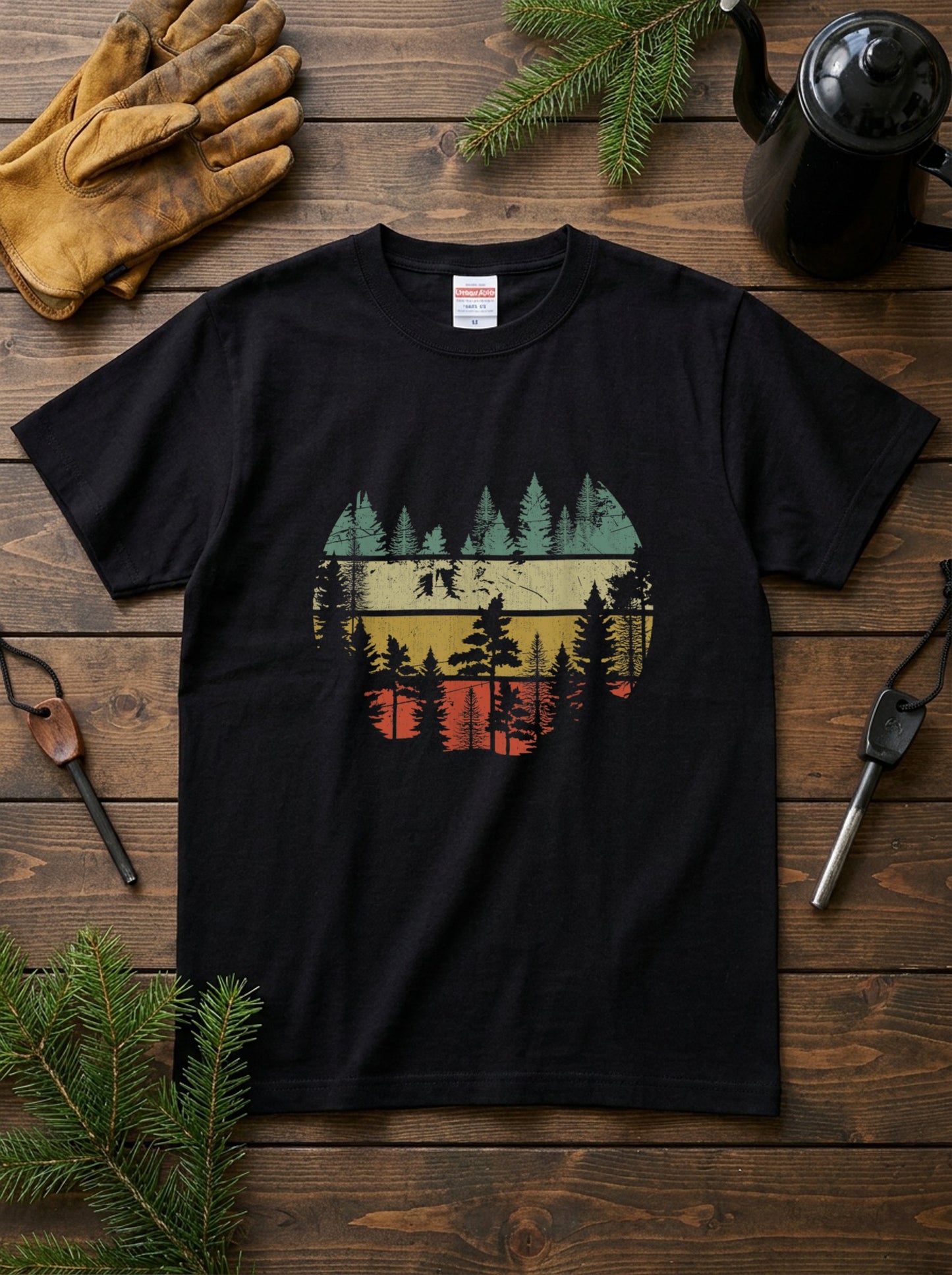 【Vintage Sunset Pine Forest】70sボーダーサンセット＆針葉樹林 黒Tシャツ | CAMPMODE