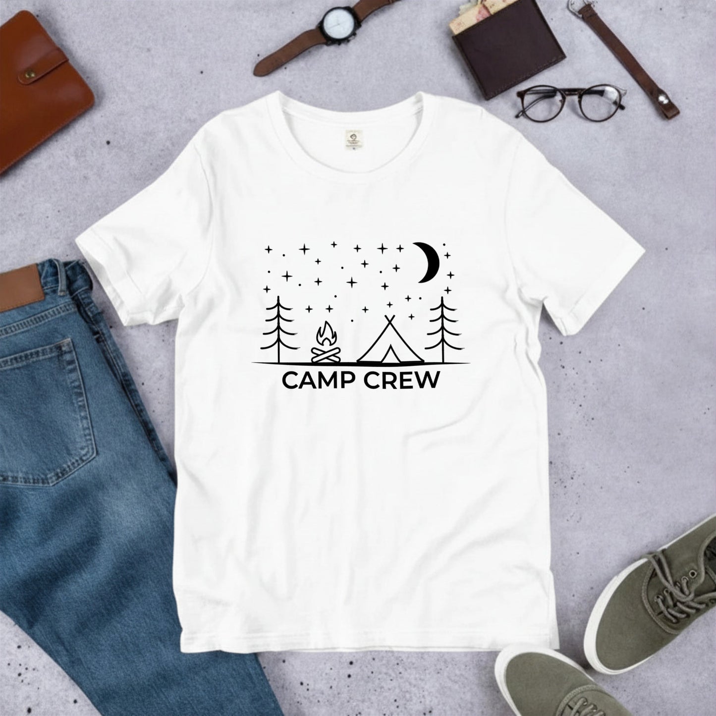 星空と焚き火のキャンプ Tシャツ | キャンプ仲間 お揃い 服 | CAMPMODE