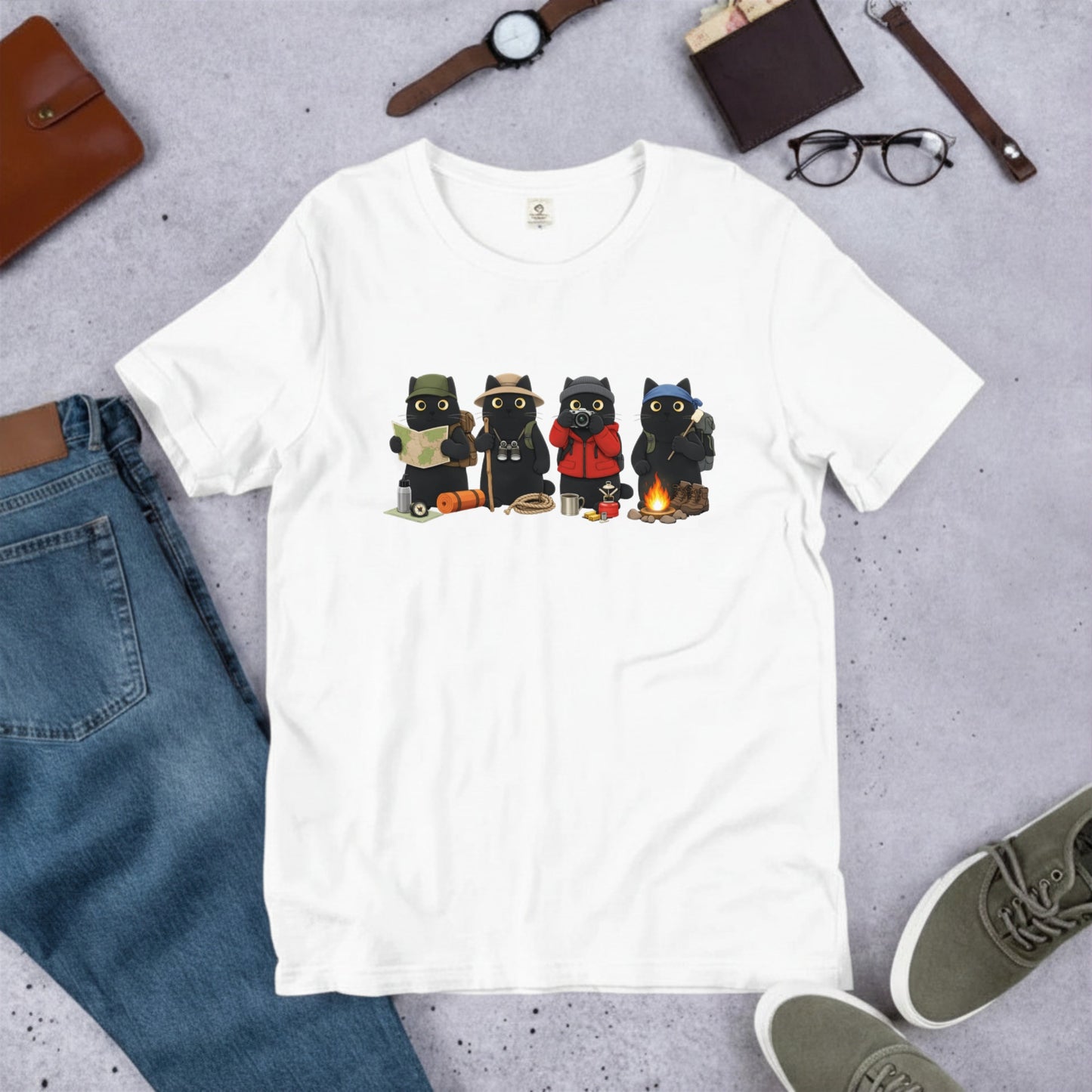 黒猫 キャンプ Tシャツ - 焚き火 猫 イラスト | かわいい 猫 ウェア