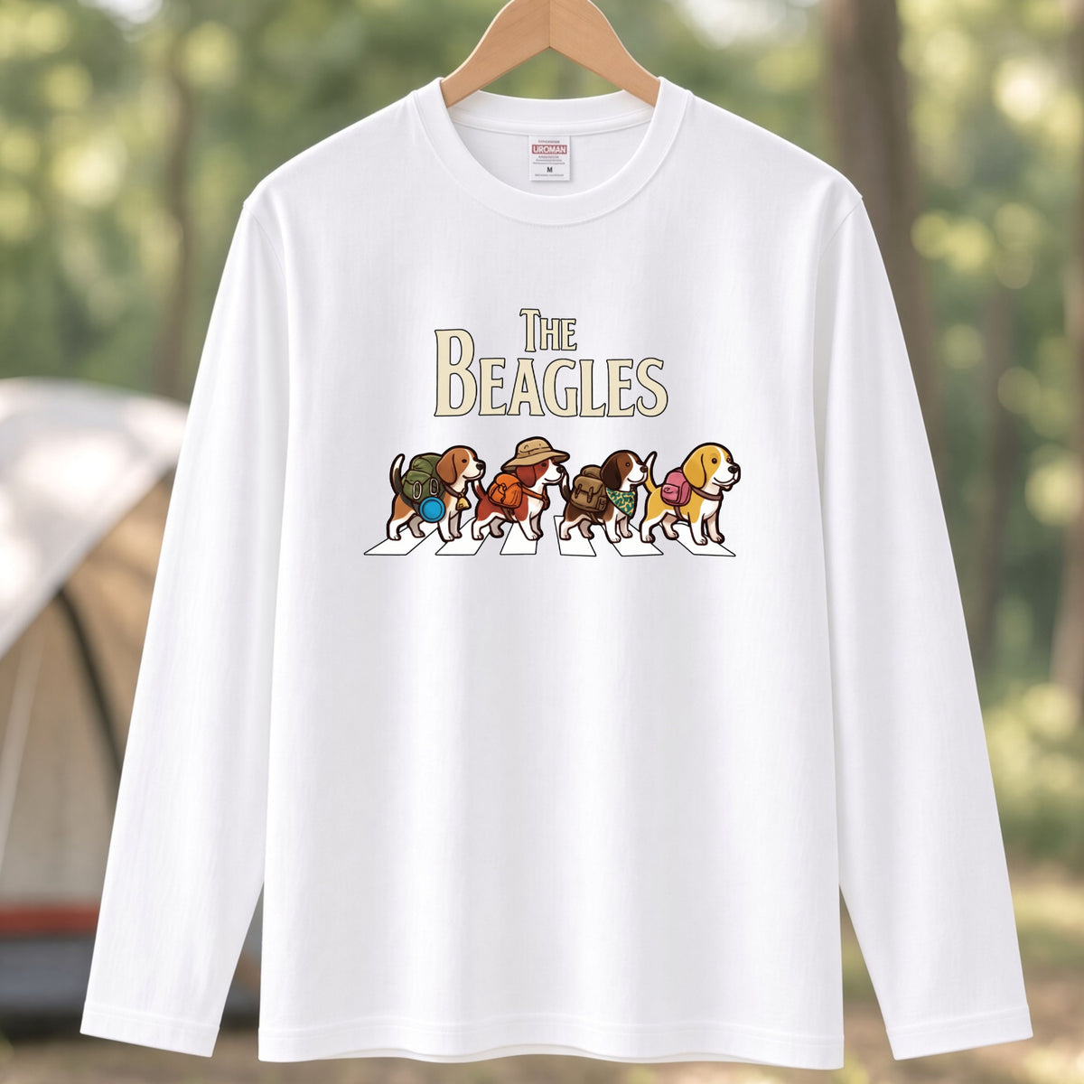 THE BEAGLES ビーグル犬散歩デザイン ホワイト長袖Tシャツ