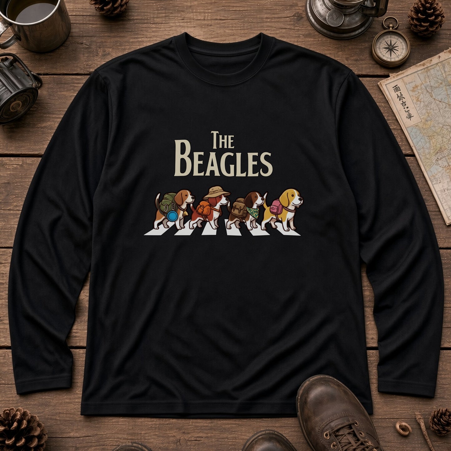 THE BEAGLES ビーグル犬散歩デザイン ホワイト長袖Tシャツ