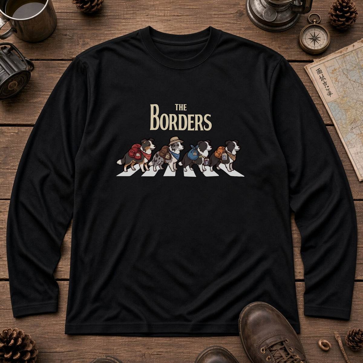 THE BORDERS ボーダーコリー散歩デザイン ブラック長袖Tシャツ
