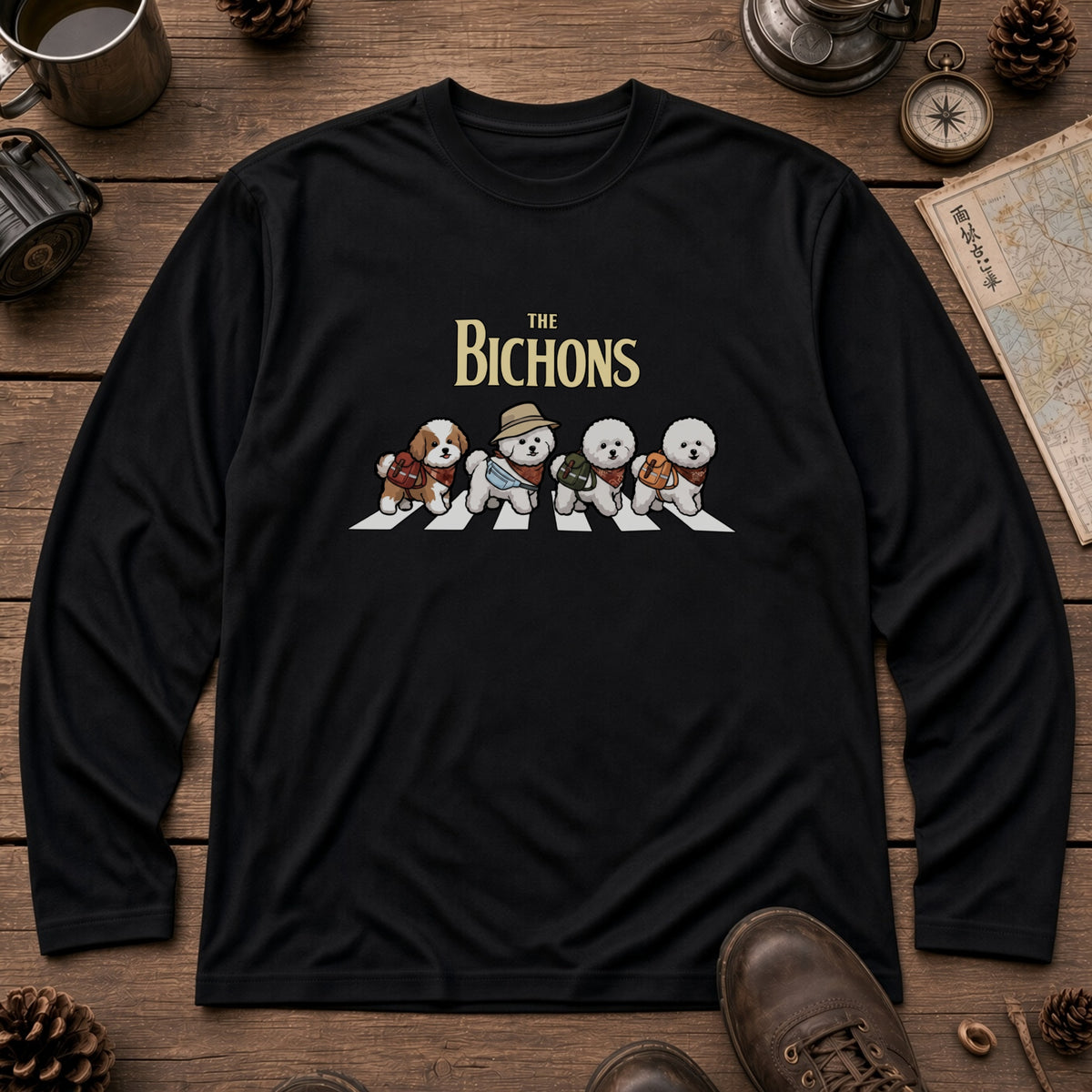THE BICHONS ビションフリーゼ散歩デザイン ブラック長袖Tシャツ