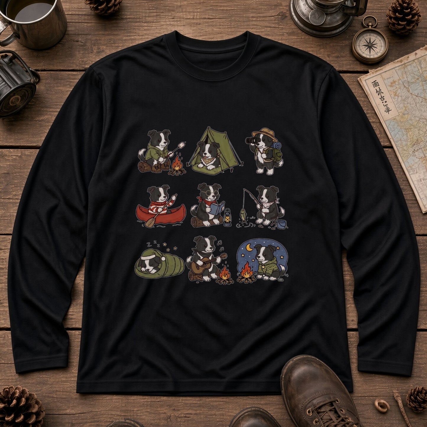 BORDER COLLIE CAMP | 手描き風 ボーダーコリー キャンプギア かわいい グラフィック 長袖Tシャツ【犬雑貨・秋キャンプ・ルームウェア・ギフトに最適】