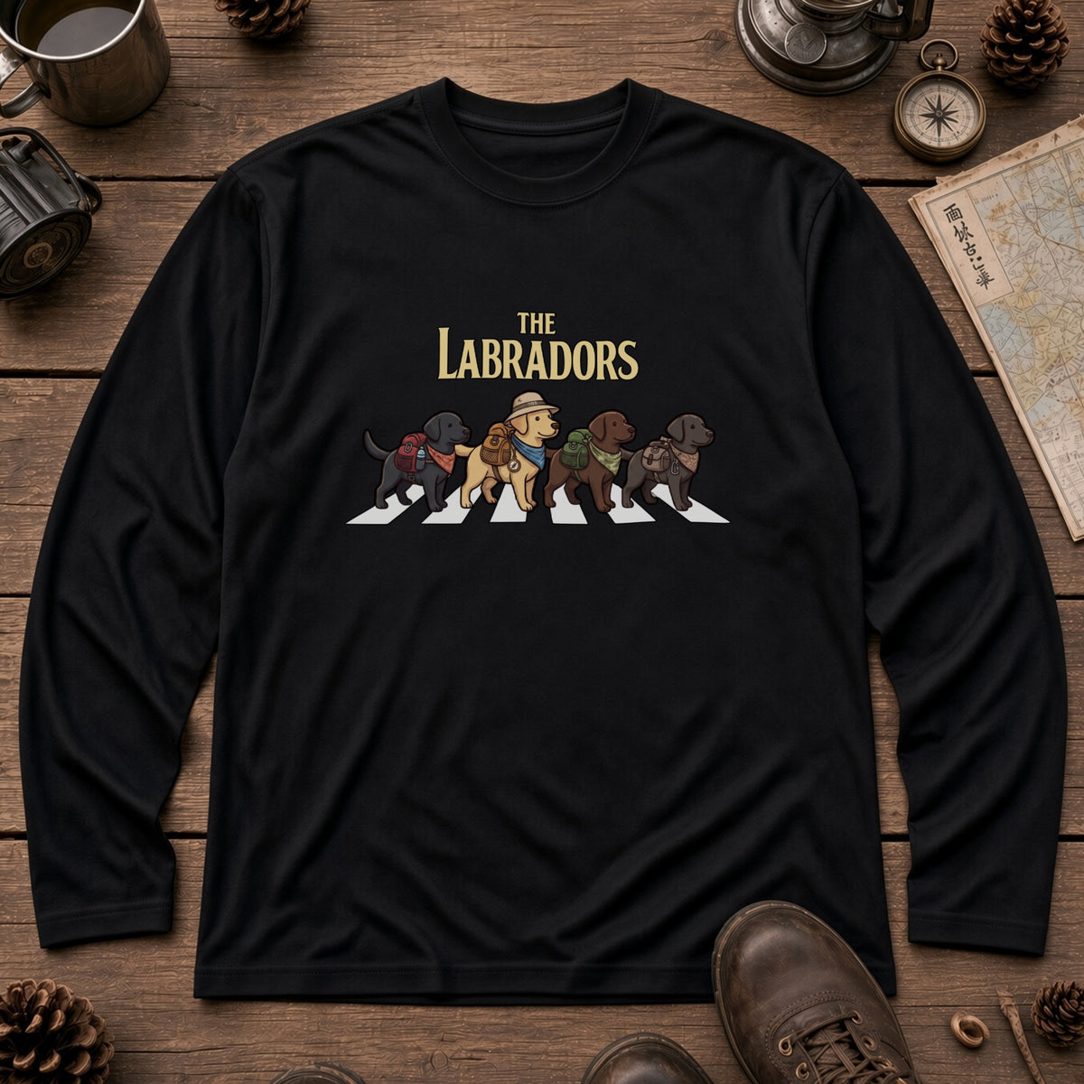 THE LABRADORS ラブラドールレトリバー散歩デザイン ブラック長袖Tシャツ