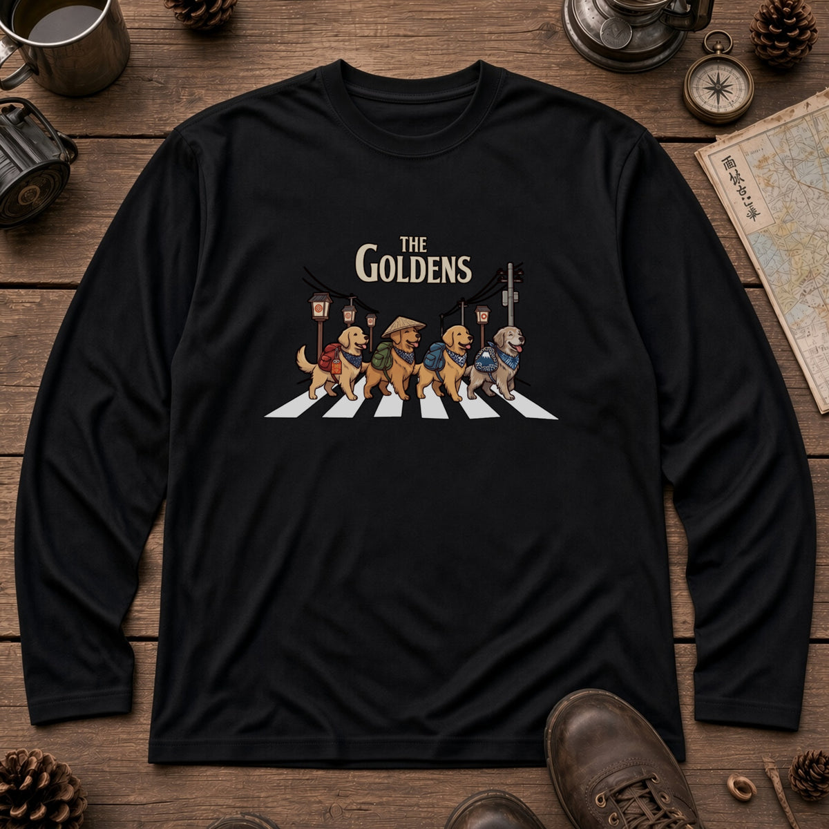 THE GOLDENS ゴールデンレトリバー散歩デザイン ブラック長袖Tシャツ