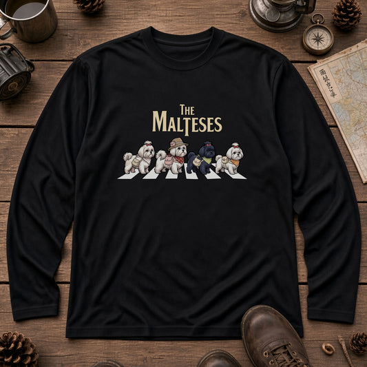 THE MALTESES マルチーズ散歩デザイン ブラック長袖Tシャツ