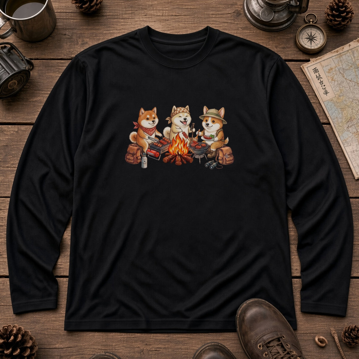 柴犬たちの焚き火BBQ 長袖Tシャツ