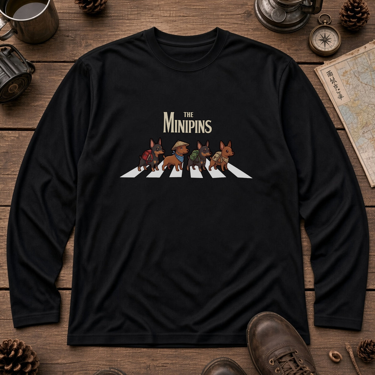 THE MINIPINS ミニチュアピンシャー散歩デザイン ブラック長袖Tシャツ