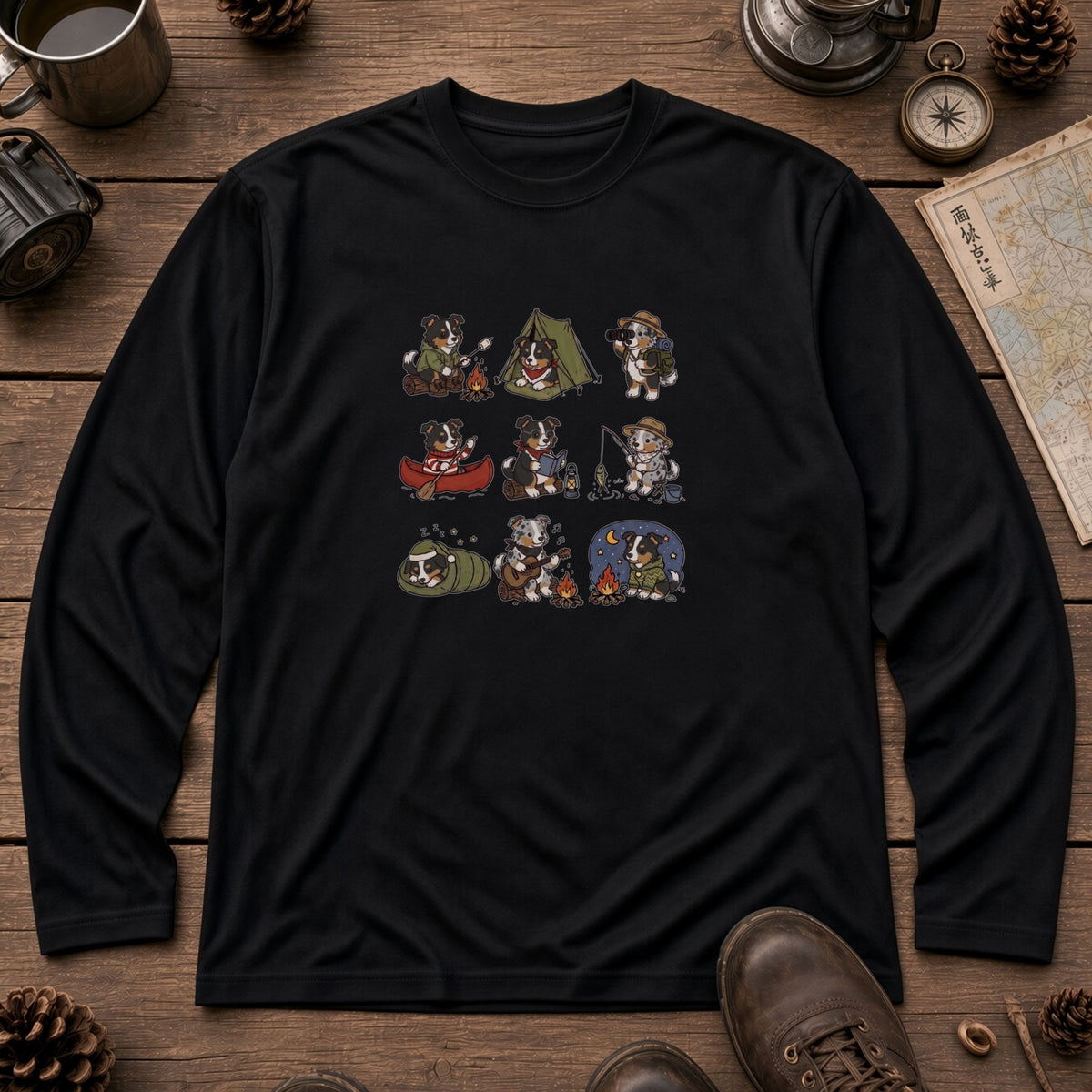 AUSTRALIAN SHEPHERD CAMP | 手描き風 オージー キャンプギア かわいい グラフィック 長袖Tシャツ【犬雑貨・秋キャンプ・ルームウェア・ギフトに最適】