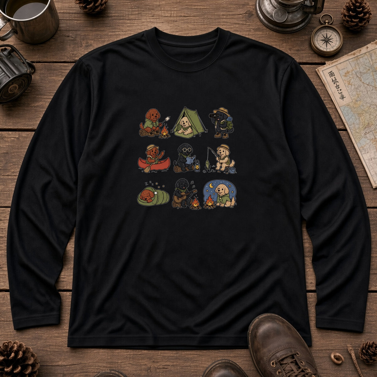 POODLE CAMP | 手描き風 トイプードル キャンプギア かわいい グラフィック 長袖Tシャツ【犬雑貨・秋キャンプ・ルームウェア・ギフトに最適】
