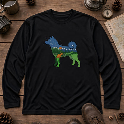 NATURE DOG ロンT | 日本犬シルエット 山と森 アートグラフィック 長袖 カジュアル Tシャツ【ドッグウェア・普段着・ルームウェア・ユニセックス・ギフトに最適】