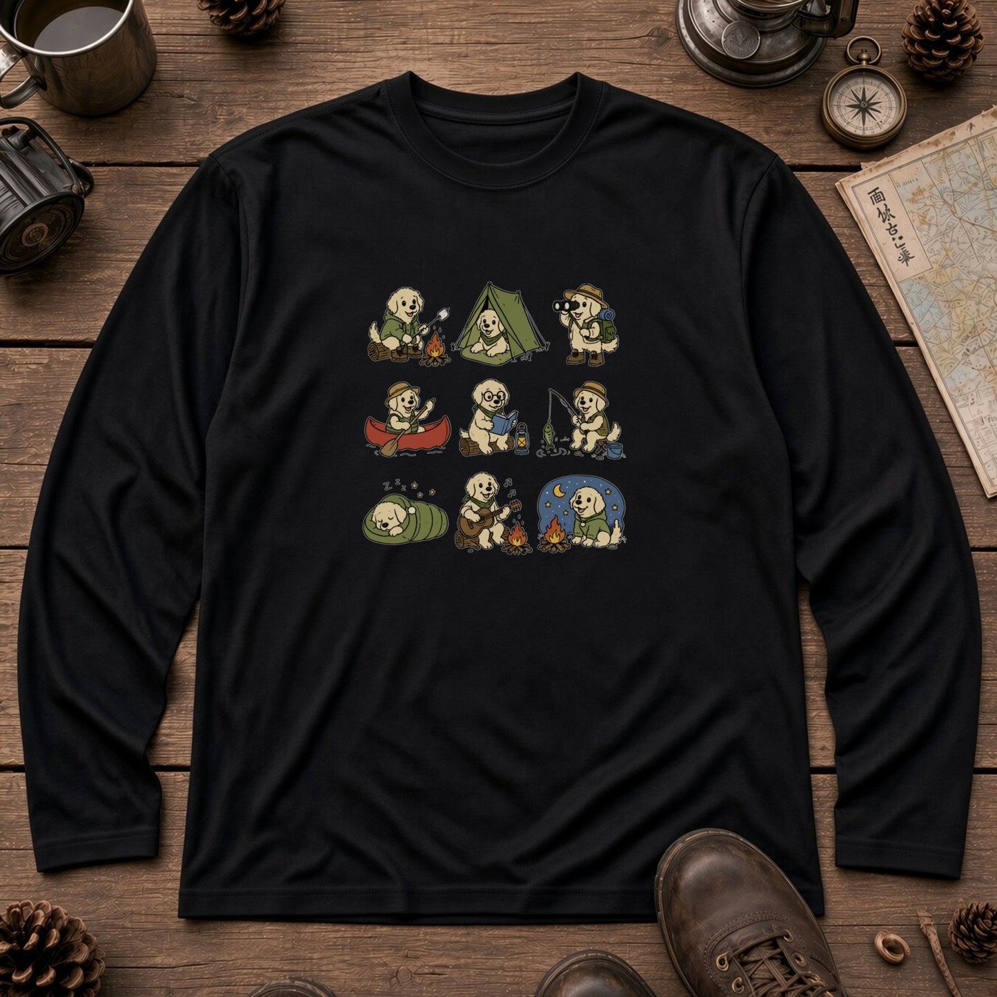 GOLDEN CAMP | 手描き風 ゴールデンレトリバー キャンプギア かわいい グラフィック 長袖Tシャツ【犬雑貨・秋キャンプ・ルームウェア・ギフトに最適】