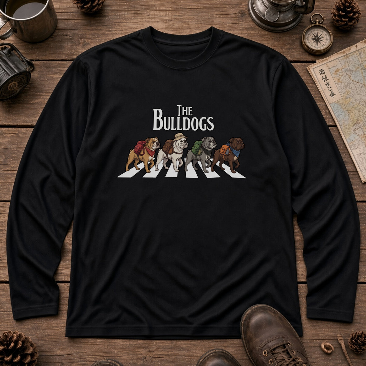 THE BULLDOGS ブルドッグ散歩デザイン ブラック長袖Tシャツ