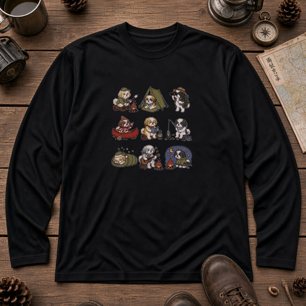 SHIH TZU CAMP | 手描き風 シーズー キャンプギア かわいい グラフィック 長袖Tシャツ【犬雑貨・秋キャンプ・ルームウェア・ギフトに最適】