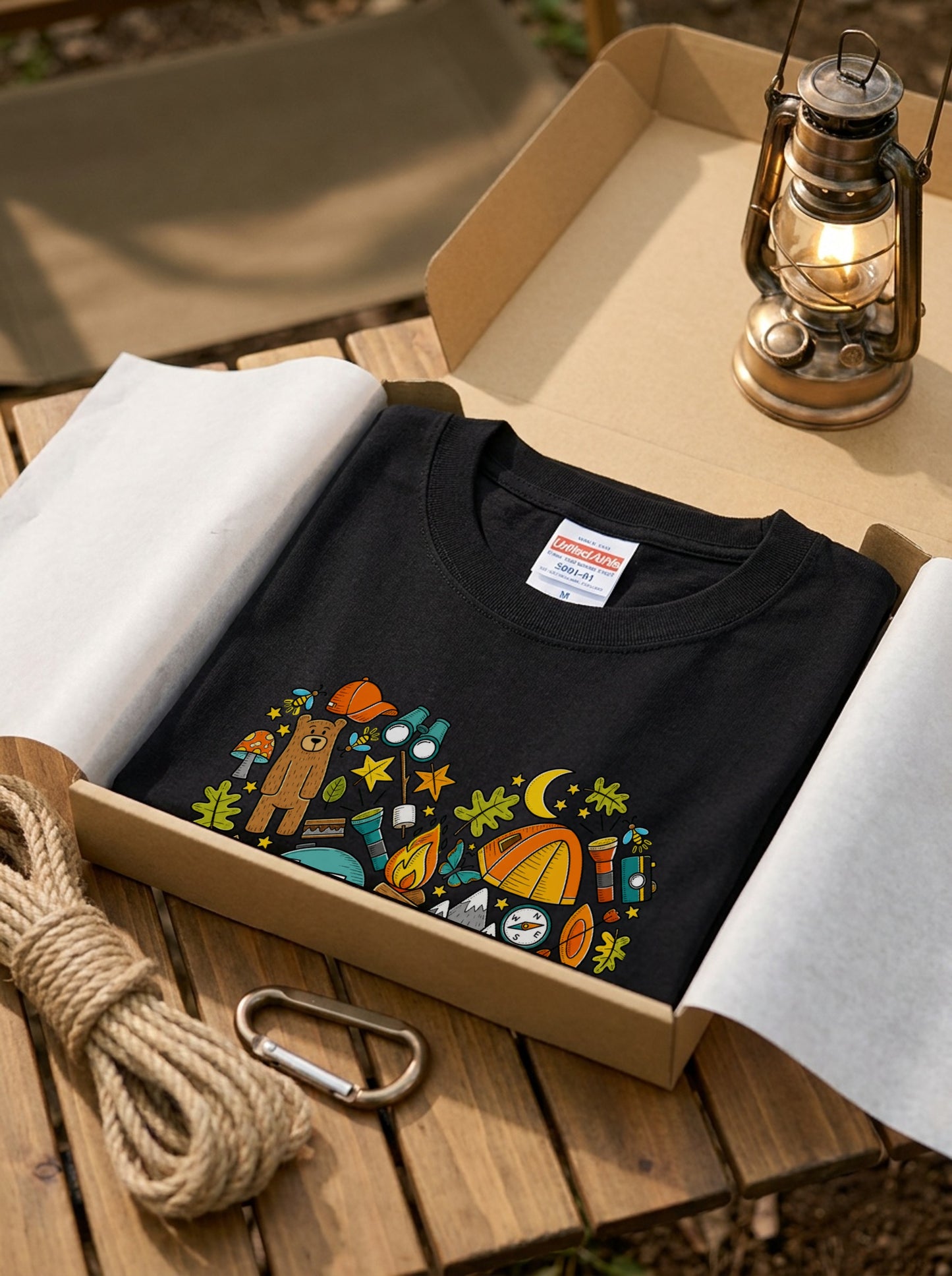 ハート型 キャンプ イラスト Tシャツ - かわいい 登山 アウトドア アイテム ハートデザイン 服