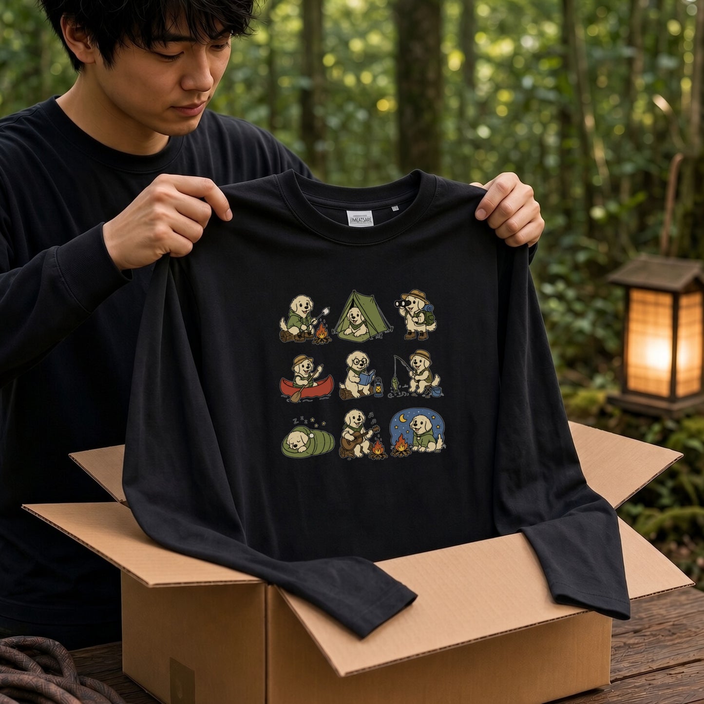 GOLDEN CAMP | 手描き風 ゴールデンレトリバー キャンプギア かわいい グラフィック 長袖Tシャツ【犬雑貨・秋キャンプ・ルームウェア・ギフトに最適】