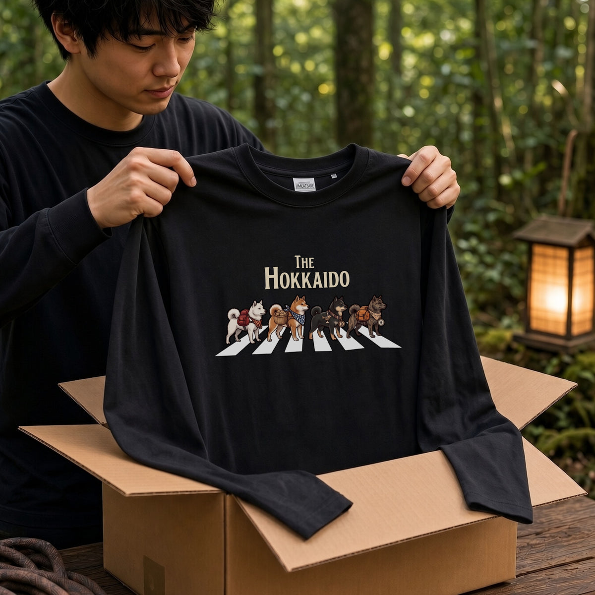 THE HOKKAIDO 北海道犬散歩デザイン ブラック長袖Tシャツ