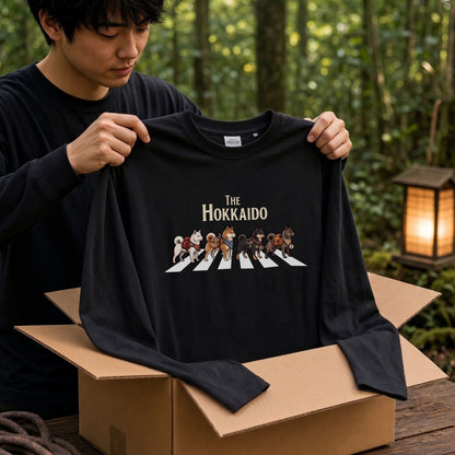 THE HOKKAIDO 北海道犬散歩デザイン ブラック長袖Tシャツ