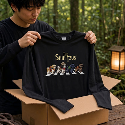 THE SHIH TZUS シーズー散歩デザイン ブラック長袖Tシャツ
