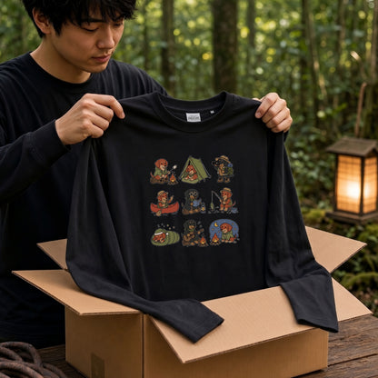 DACHSHUND CAMP | 手描き風 ミニチュアダックス キャンプギア かわいい グラフィック 長袖Tシャツ【犬雑貨・秋キャンプ・ルームウェア・ギフトに最適】