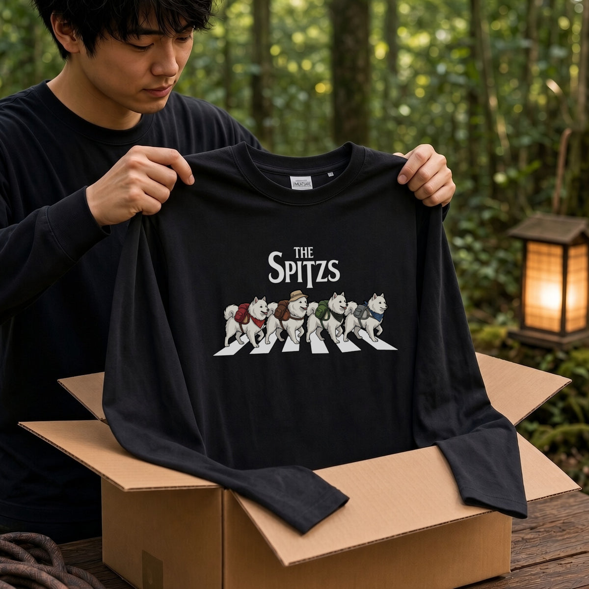THE SPITZS 日本スピッツ散歩デザイン ブラック長袖Tシャツ