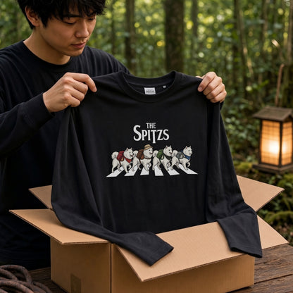 THE SPITZS 日本スピッツ散歩デザイン ブラック長袖Tシャツ