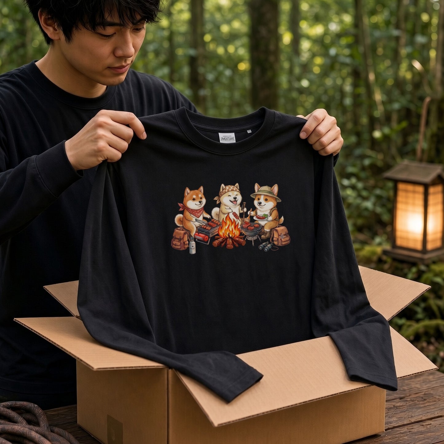 柴犬たちの焚き火BBQ 長袖Tシャツ