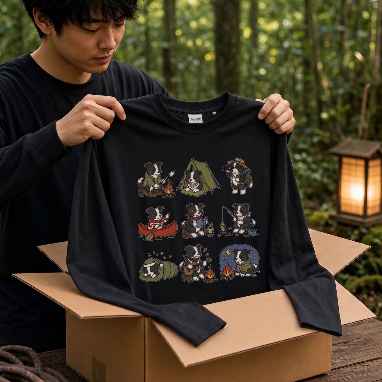 BORDER COLLIE CAMP | 手描き風 ボーダーコリー キャンプギア かわいい グラフィック 長袖Tシャツ【犬雑貨・秋キャンプ・ルームウェア・ギフトに最適】