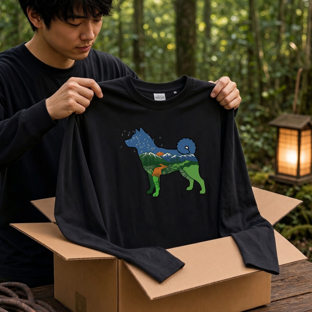 NATURE DOG ロンT | 日本犬シルエット 山と森 アートグラフィック 長袖 カジュアル Tシャツ【ドッグウェア・普段着・ルームウェア・ユニセックス・ギフトに最適】