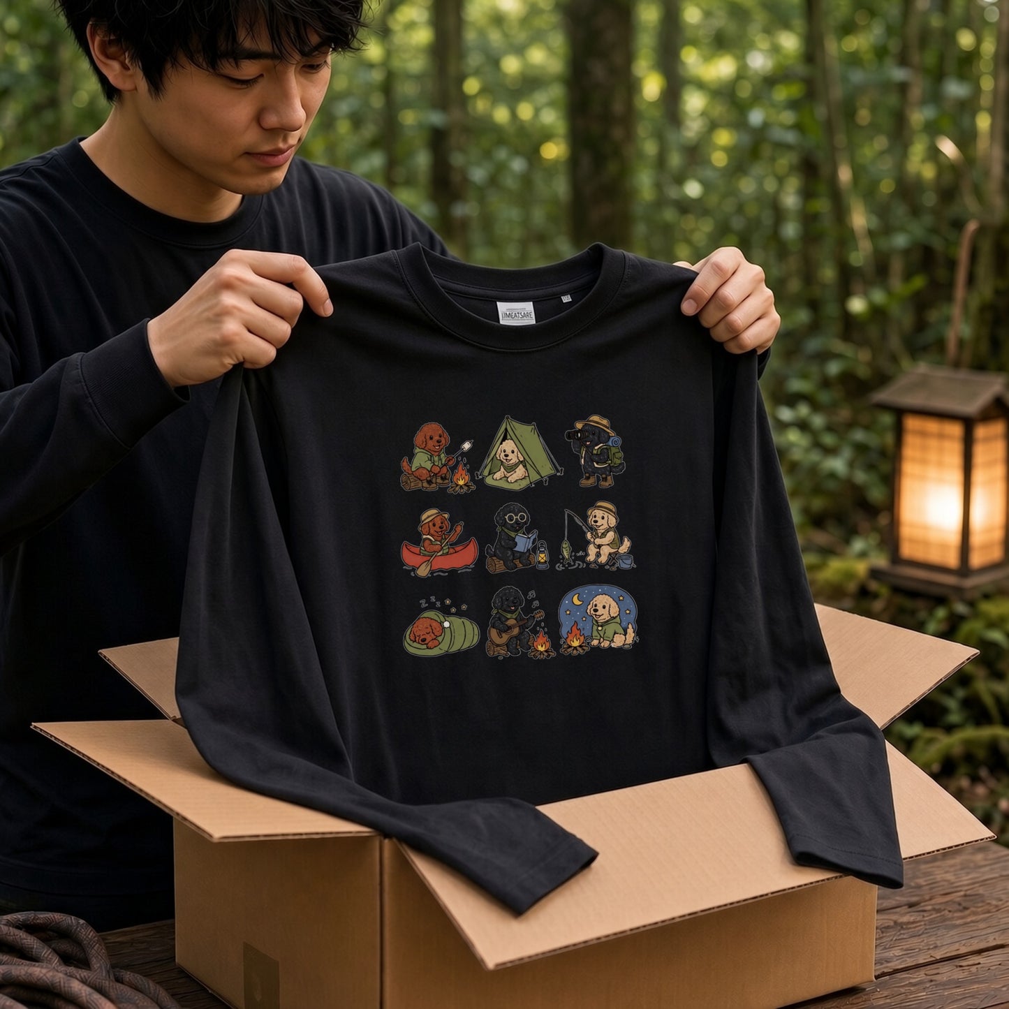 POODLE CAMP | 手描き風 トイプードル キャンプギア かわいい グラフィック 長袖Tシャツ【犬雑貨・秋キャンプ・ルームウェア・ギフトに最適】